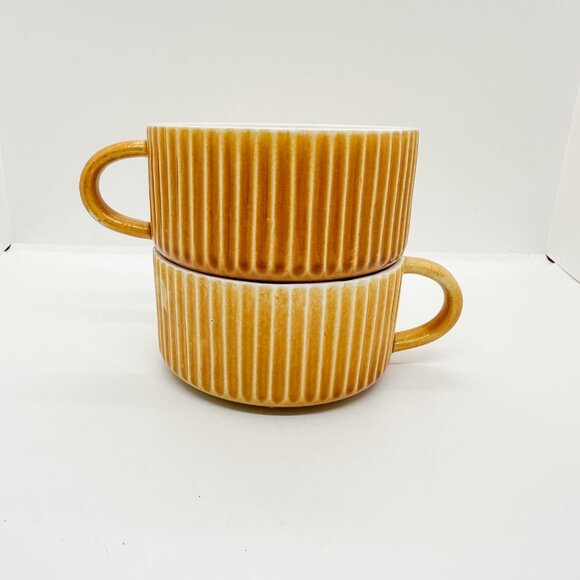 Vtg 70s Ceramic Soup Mug Set Secla Portugal Ribbed Bowl Handle Yellow MCM RARE - Picture 6 of 11